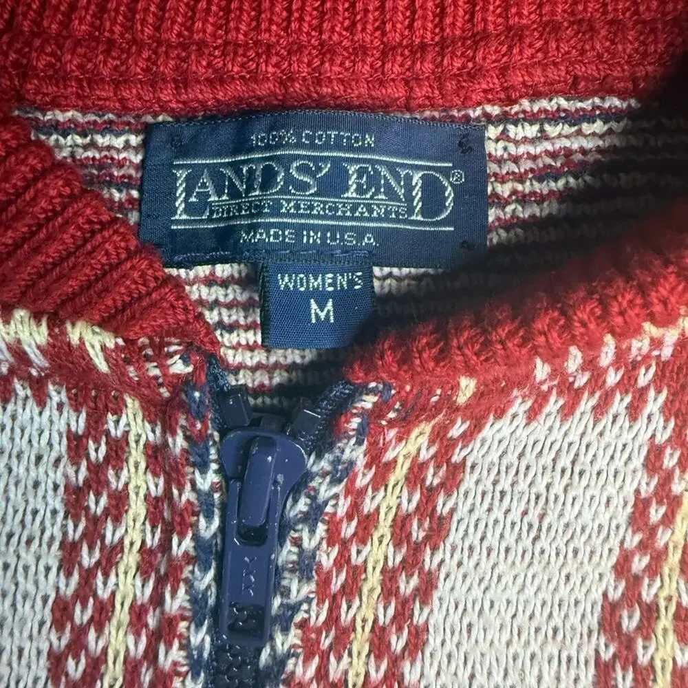 Lands End Cotton Knit Plaid Zip Up Bomber Jacket Cardigan Womens Size M Preppy